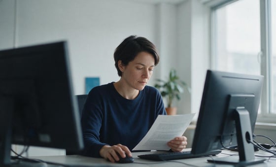 An IT lead at a desk with two monitors, calm, daylight office, no screens readable