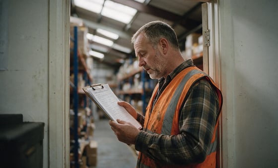 An operations manager reviewing a printed procedure in a warehouse or back office