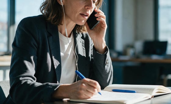 A salesperson on a call with a notebook open, natural light, no brand names visible