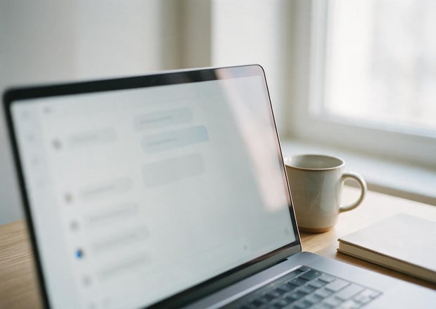 A clean chat interface on a laptop screen, blurred, soft daylight, no readable text