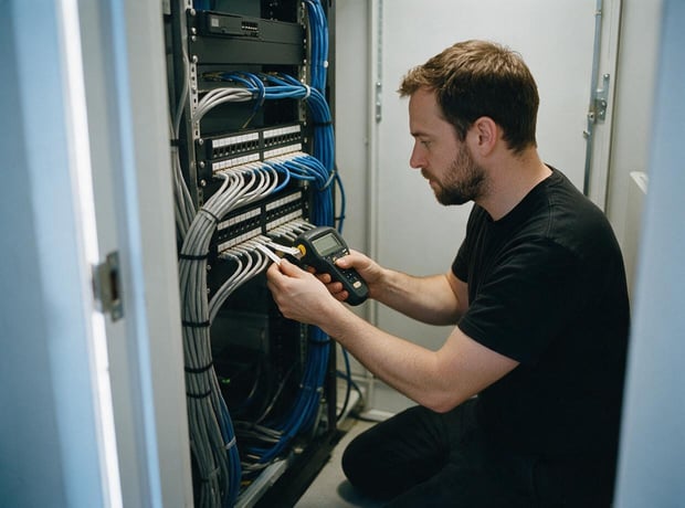 An engineer in a server room aisle, calm, blue-tinted light, no brand marks