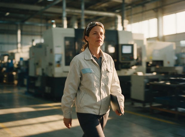 A manager walking a factory floor with a tablet, motion blur, warm daylight