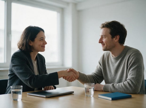 Two people shaking hands across a table in a bright meeting room, shallow depth of field